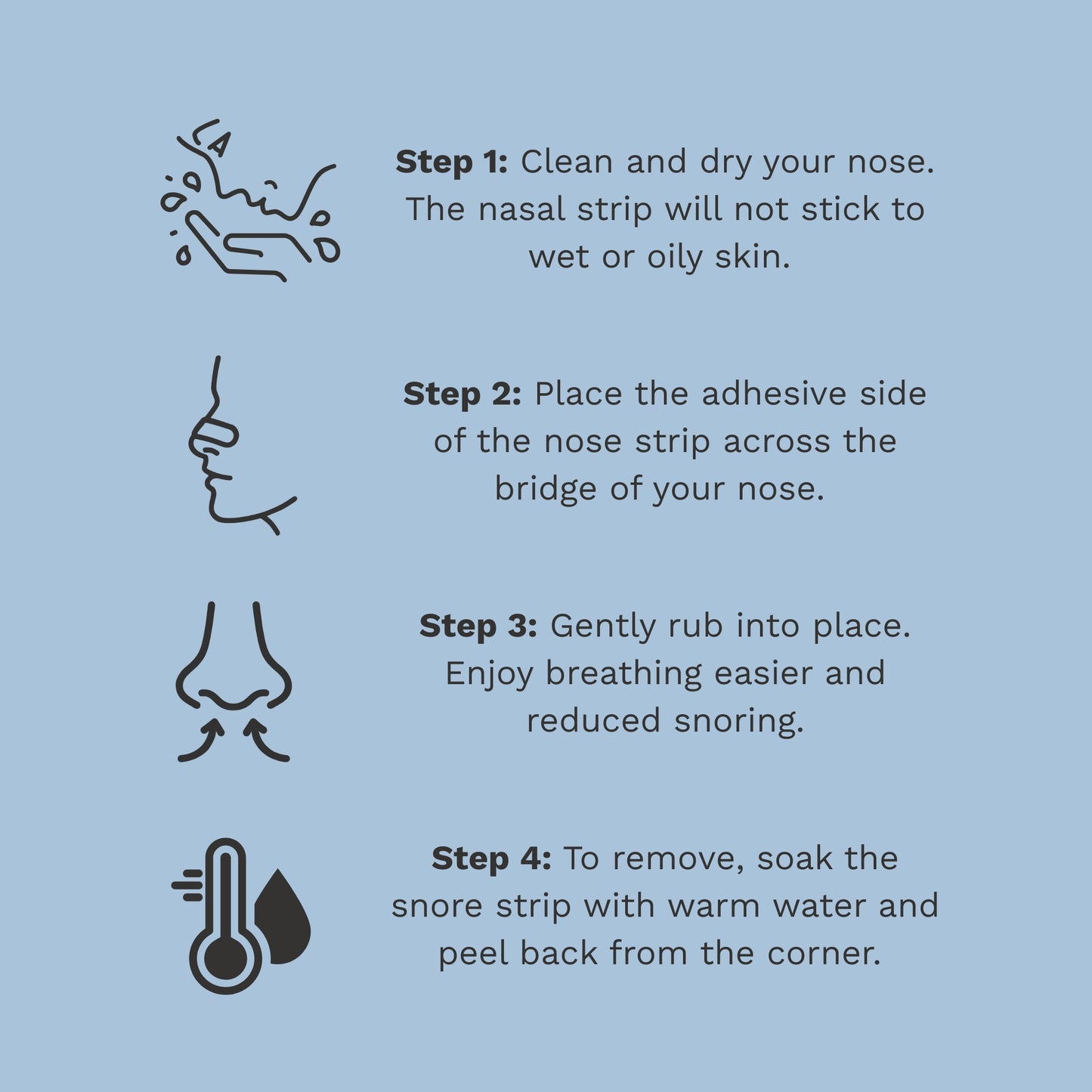Illustrated steps showing how to apply and remove nasal strip.