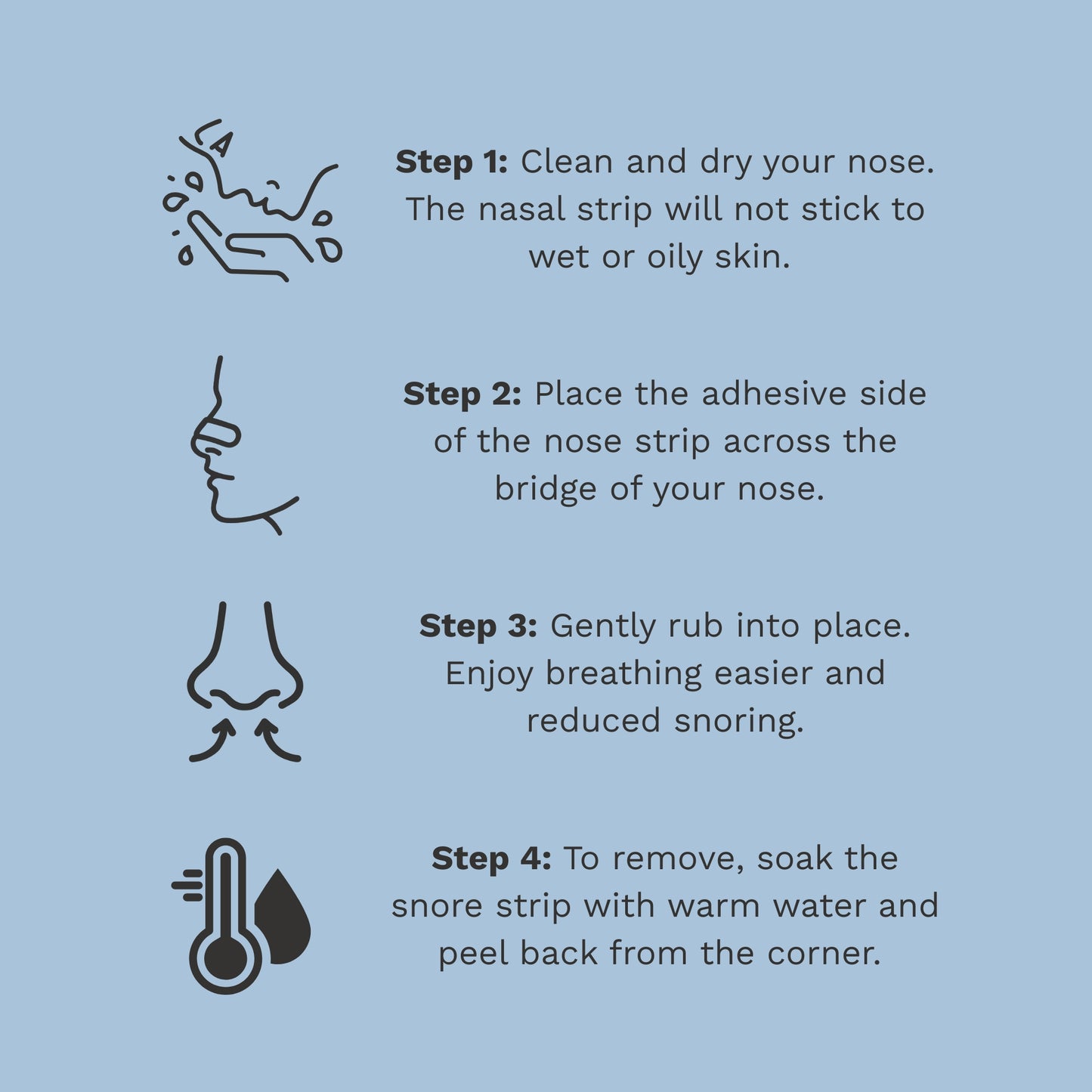 Illustrated steps showing how to apply and remove nasal strip.