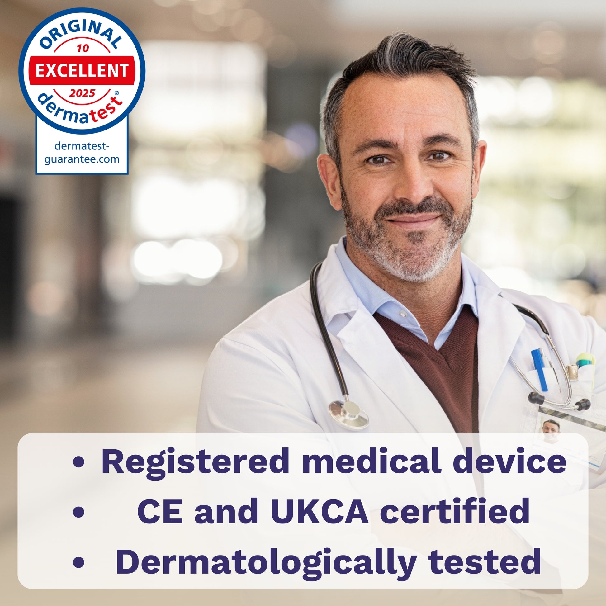 Doctor wearing white coat representing medical device certification, CE certified and dermatologically tested.