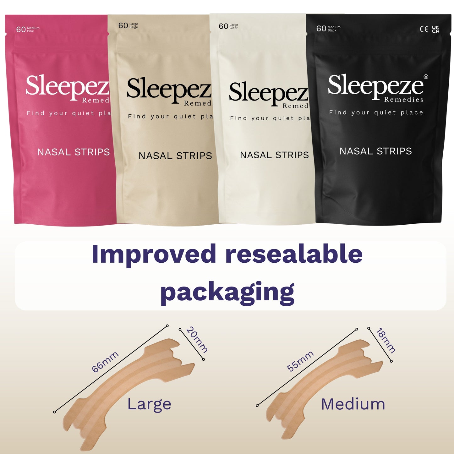 Nasal strip packaging showing resealable pack and strip dimension — large 66mm x 20mm and medium 55mm x 18mm.