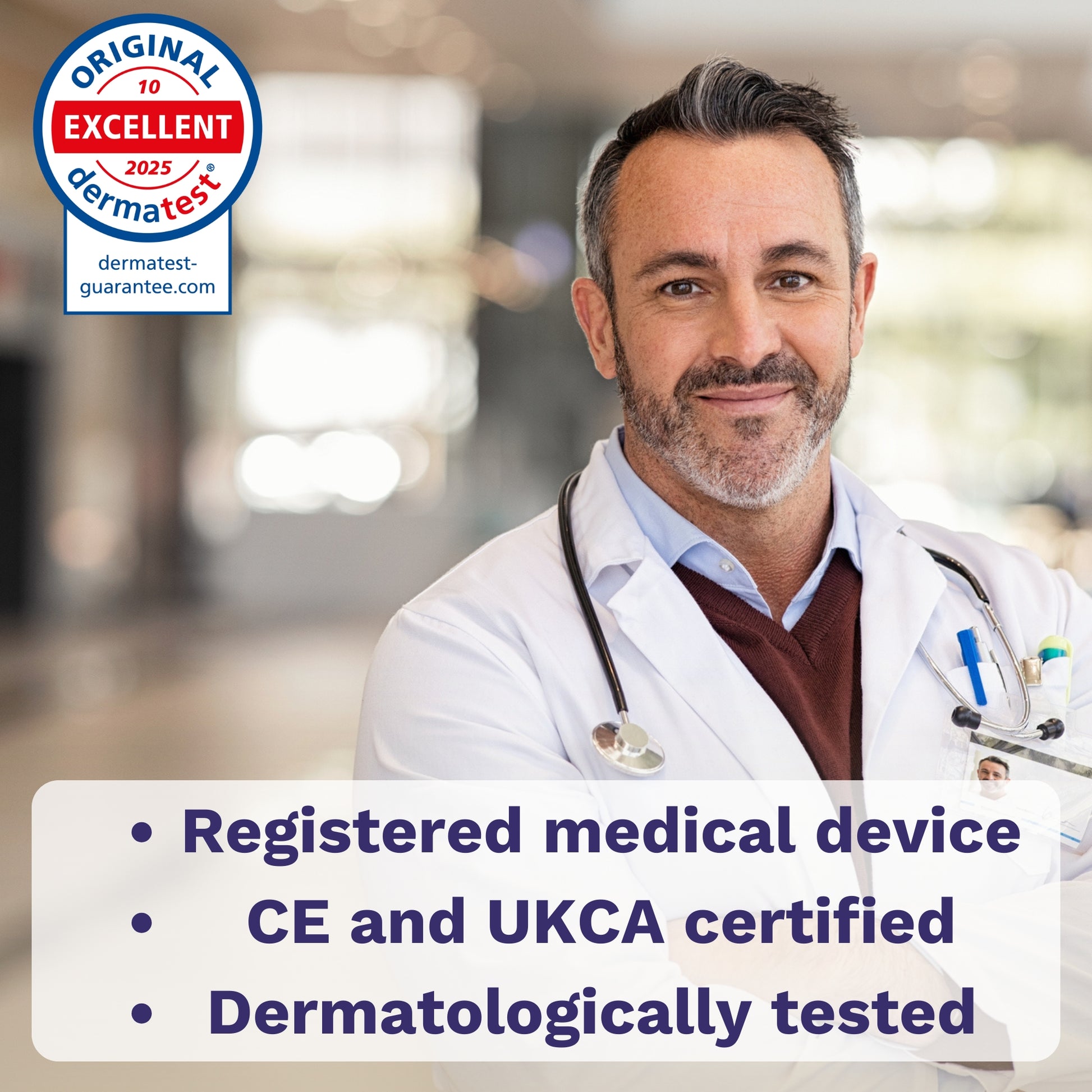 Doctor wearing white coat representing medical device certification, CE certified and dermatologically tested.