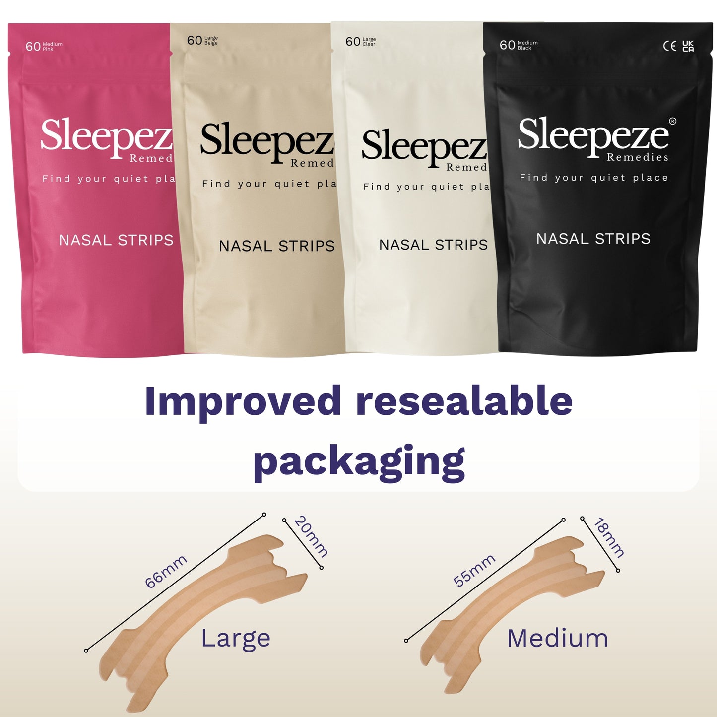 Nasal strip packaging showing resealable pack and strip dimension — large 66mm x 20mm and medium 55mm x 18mm.