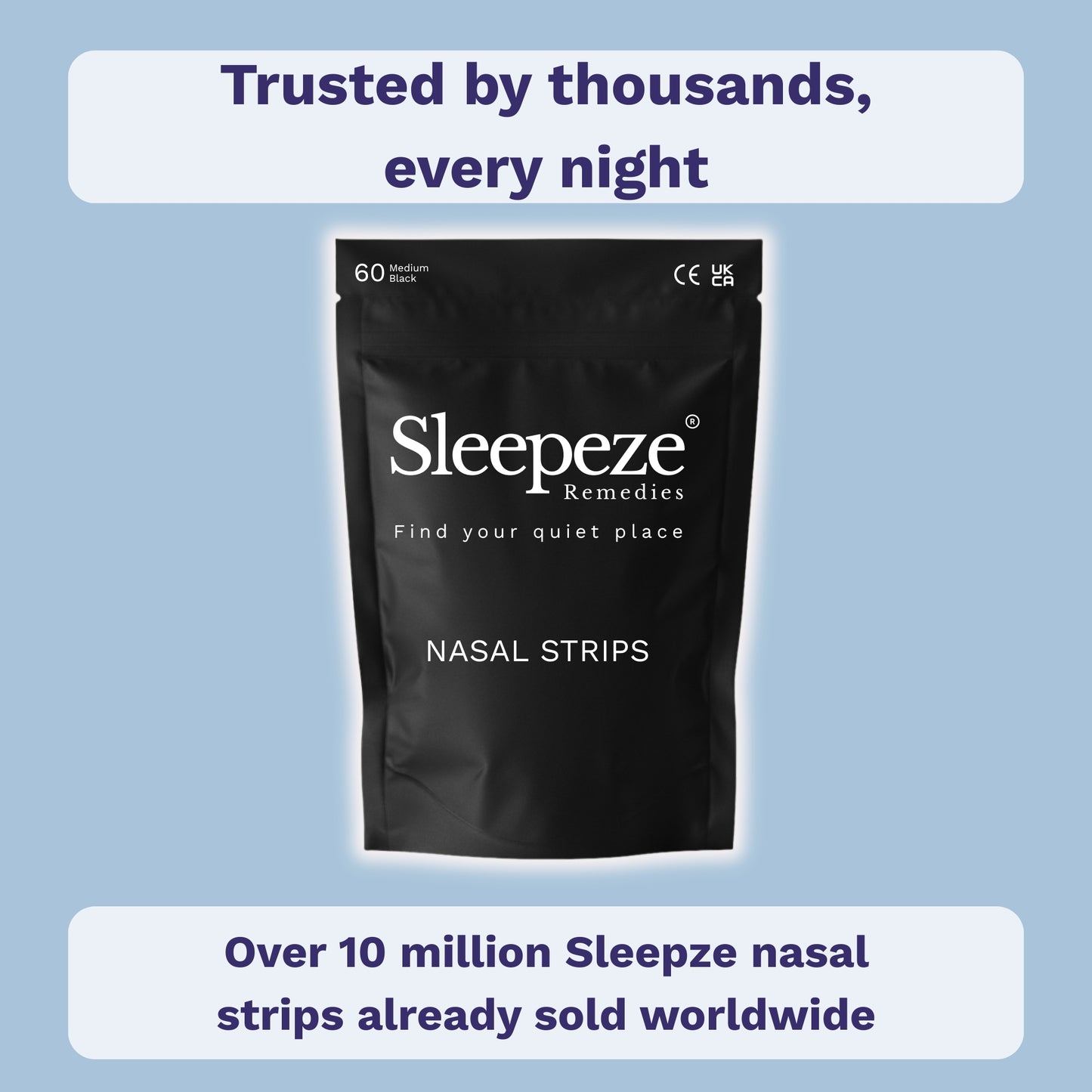 Pack of Sleepeze nasal strips displayed on plain background.
