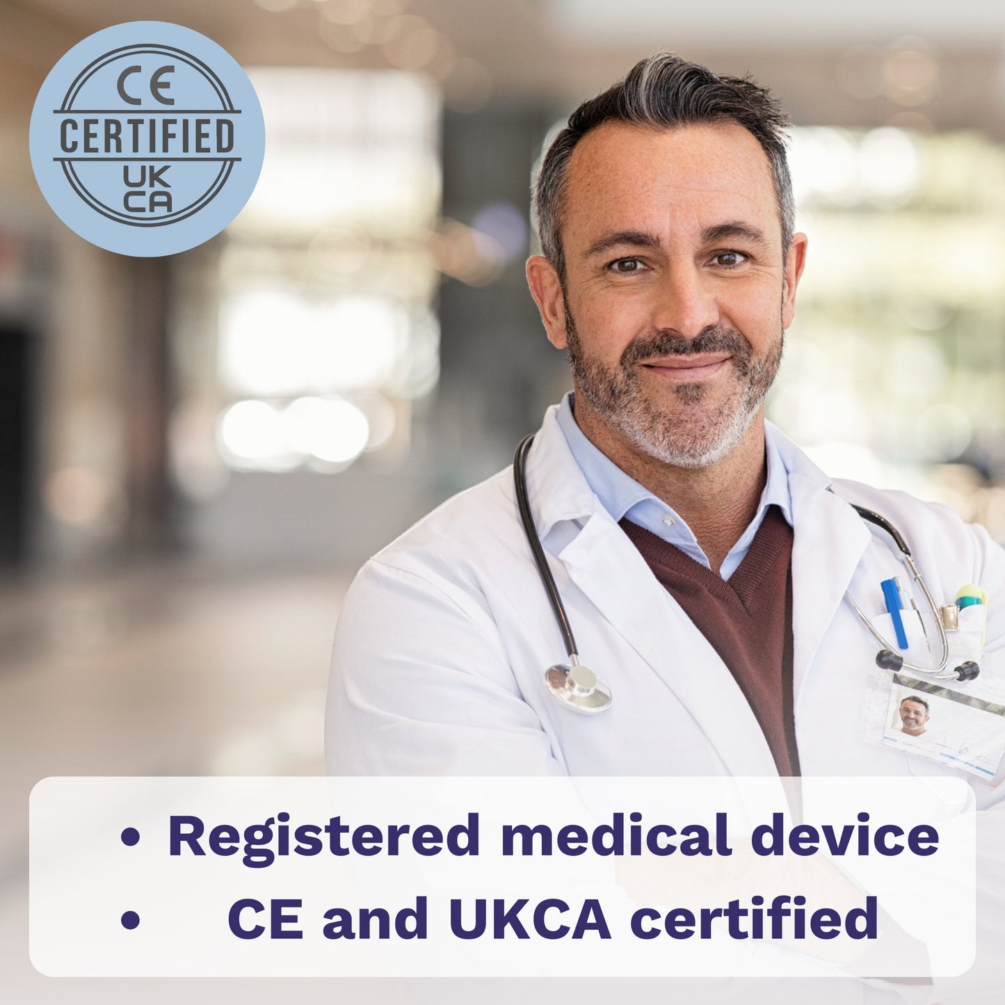 Doctor wearing white coat representing medical device certification and CE certified.