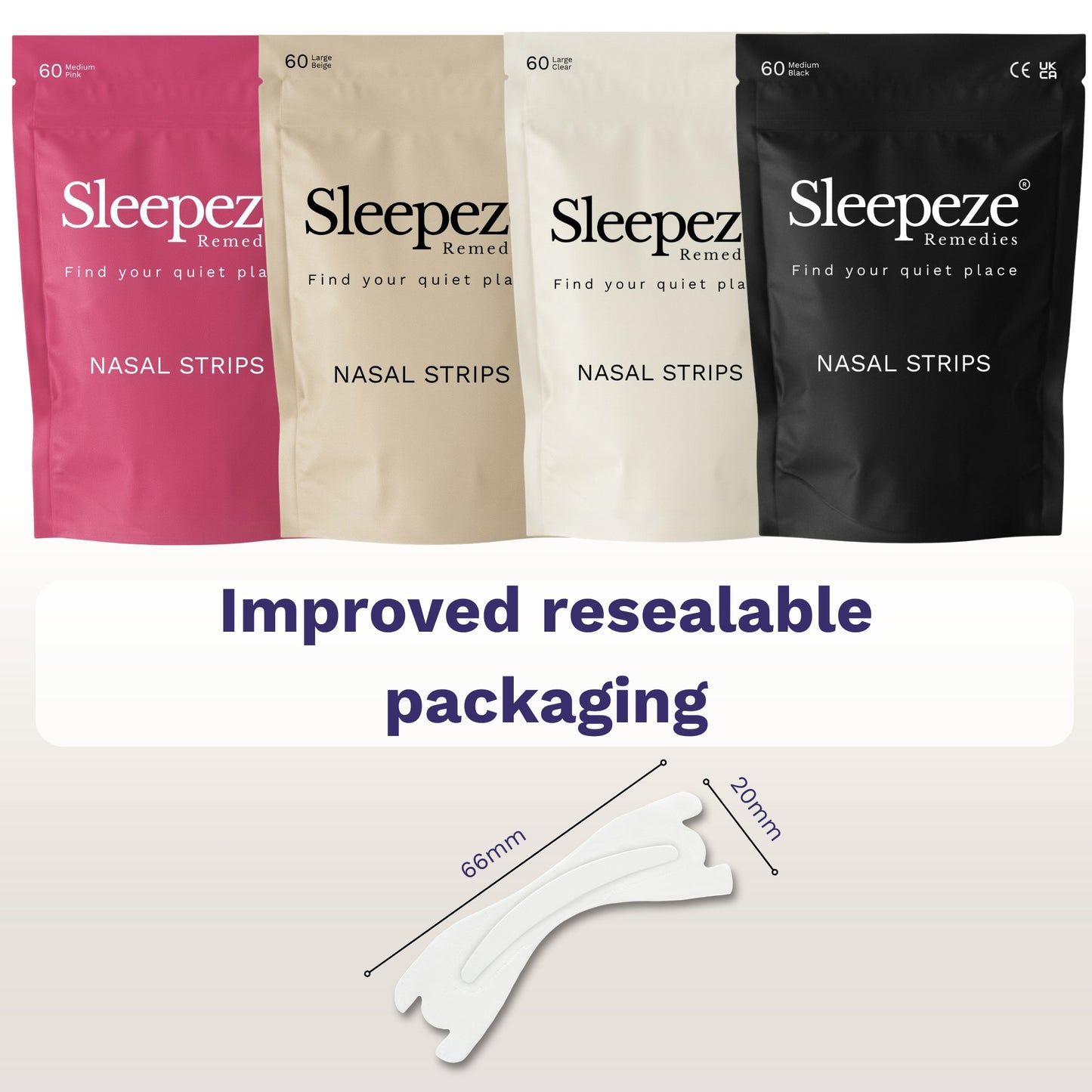 Nasal strip packaging showing resealable pack and strip dimension — large 66mm x 20mm and medium 55mm x 18mm.