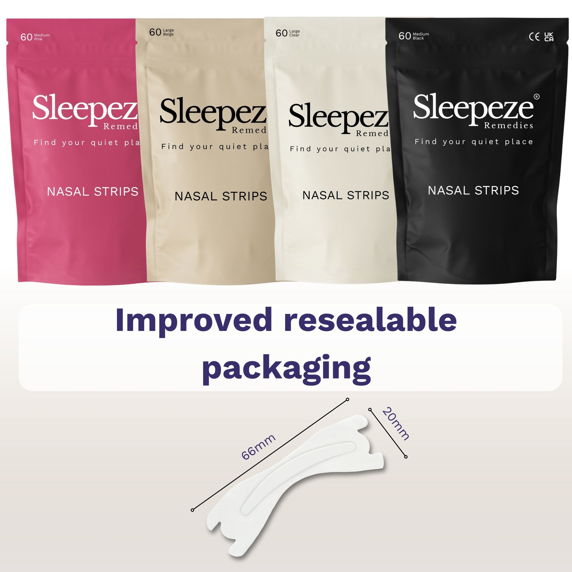 Nasal strip packaging showing resealable pack and strip dimension — large 66mm x 20mm and medium 55mm x 18mm.