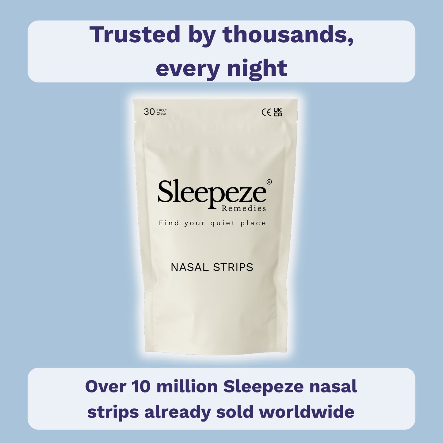 Pack of Sleepeze nasal strips displayed on plain background.