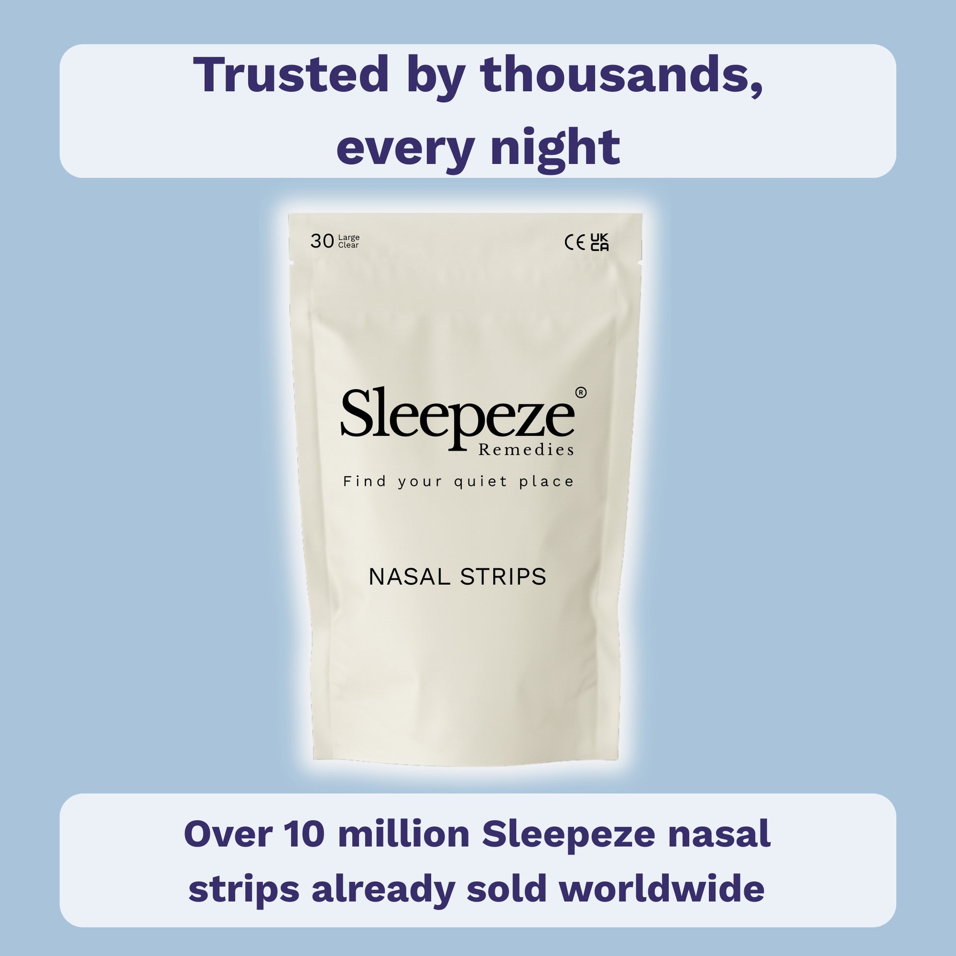 Pack of Sleepeze nasal strips displayed on plain background.