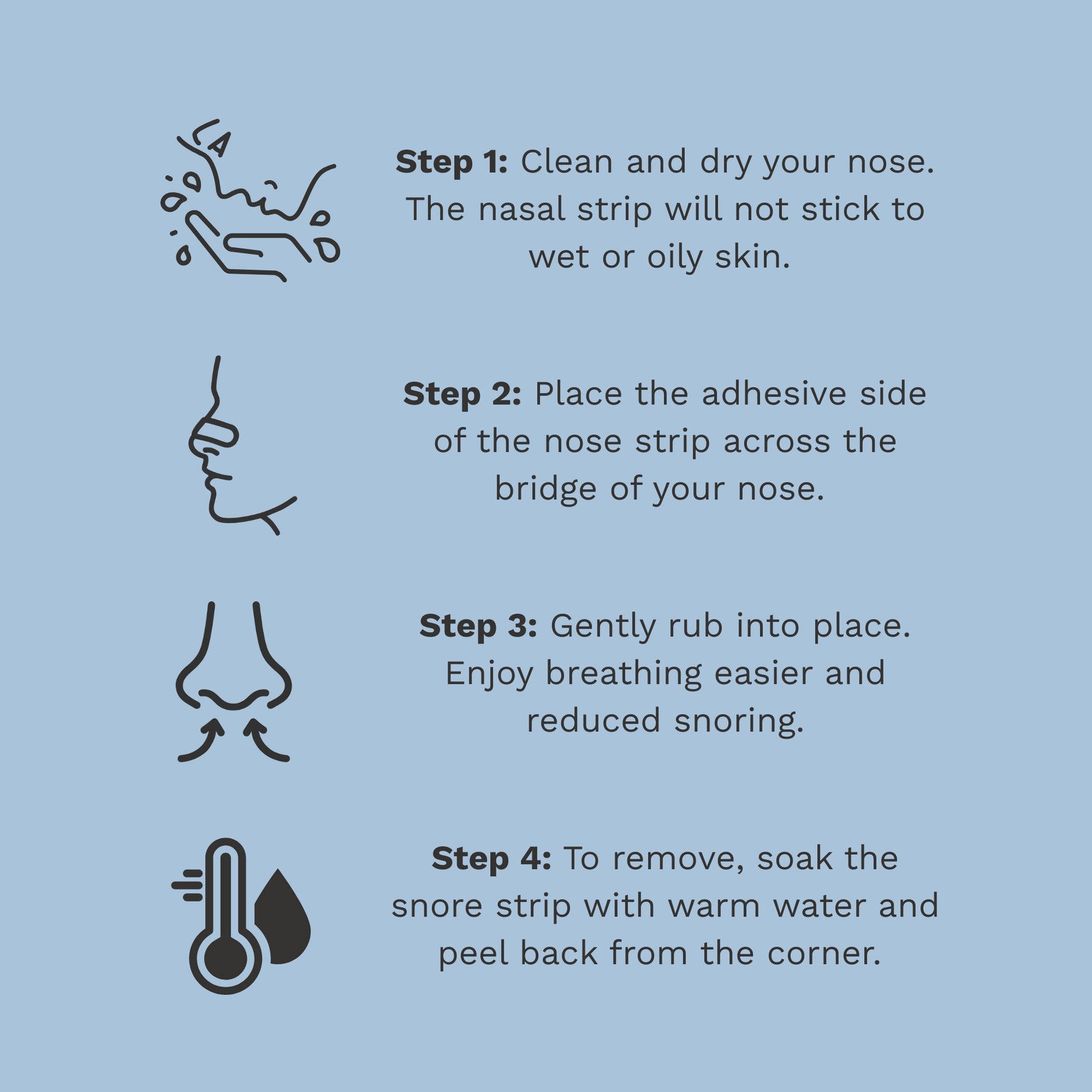 Illustrated steps showing how to apply and remove nasal strip.