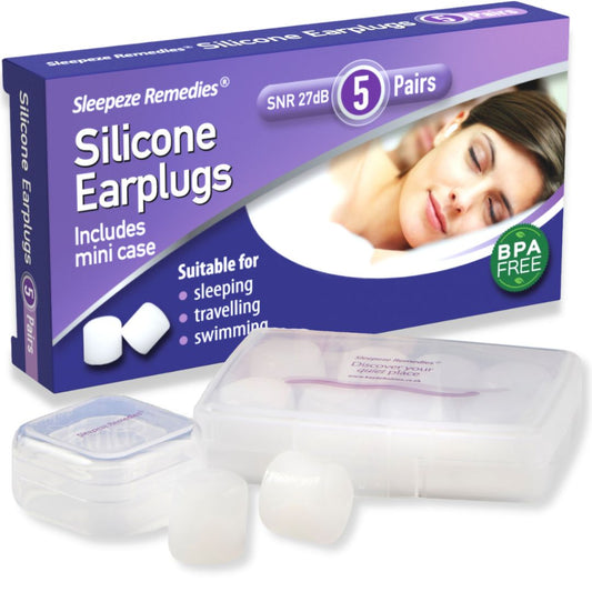 Sleepeze 5 pair white silicone earplug packaging with product and mini case.